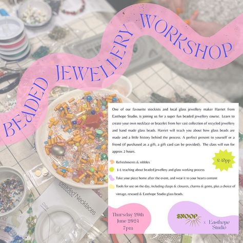 We’ve got a few tickets available on our Beaded Jewellery Workshop on 20th June. You’ll learn all about @easthope.studio and how they make their Murano glass beads, whilst creating your own piece of jewellery from their extensive range of handmade and recycled vintage beads & charms. A perfect activity for beginners or experienced crafters alike. You’ll finish the workshop with your very own necklace or bracelet, made & designed by you! Book via our website, link in our bio www.snoopshre... Beading Workshop, Jewelry Making Workshop, Jewellery Workshop, Crafts Workshop, Beaded Jewellery, Jewelry Workshop, Vintage Beads, Recycled Jewelry, Murano Glass Beads