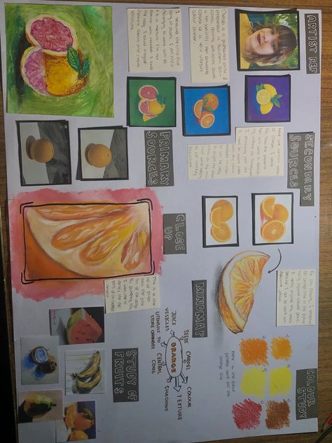 orange drawing 
citrusy 
coloured pencil medium
watercolor medium
aquarel medium Fruit Gcse Art Sketchbook, Fruit Study Art, Art Preparatory Work Ideas, Prep 1 Art Igcse, Food Mind Map Art, Igcse Art Preps, Art Preparatory Work, Art Folio Ideas, Fruit Art Gcse