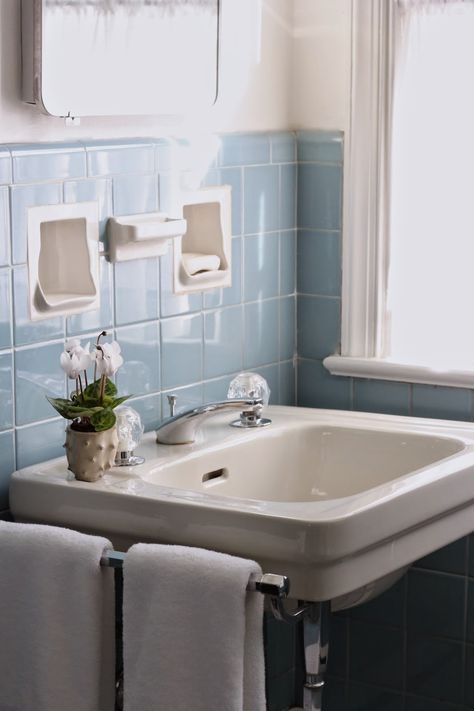 Vintage blue tile bathroom_sink detail via Meet Me in Philadelphia Blue Tile Bathroom Vintage, Vintage Blue Tile Bathroom, Bathroom Tile Vintage, Baby Blue Bathroom, 1930s Bathroom Ideas, Blue Vintage Bathroom, Blue Tile Bathroom, 1980s Bathroom, Vintage Tile Bathroom