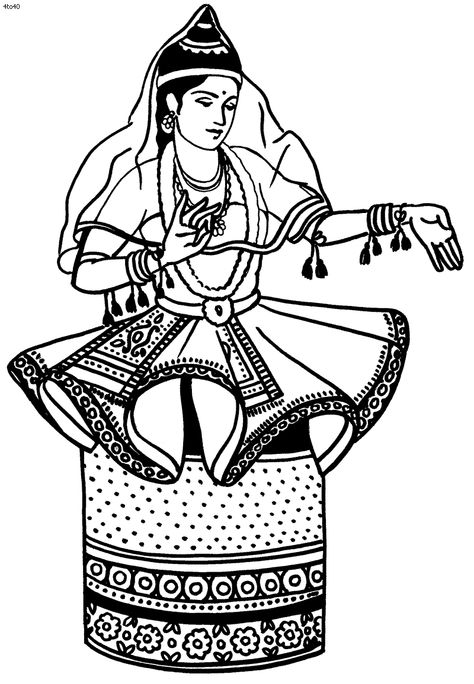 Classic Manipuri dancer Indian Dance Forms Drawing, Manipur Culture Drawing, Manipuri Painting, Sikkim Dance, Manipur Dance, Dress Line Art, Manipuri Dance, Dance Coloring Pages, Indian Classical Dancer