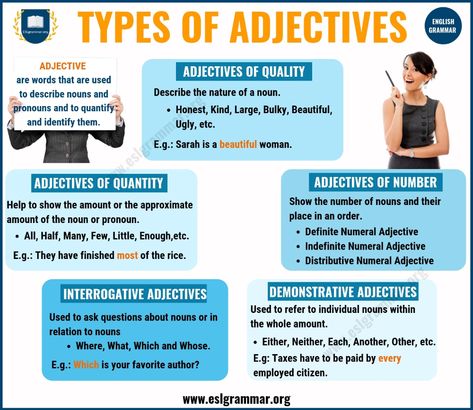 Adjectives: 5 Types of Adjectives with Definition & Useful Examples - ESL Grammar Types Of Adjectives Chart, Types Of Adjectives Worksheet, What Is An Adjective, Adjective Definition, Types Of Adjectives, Coordinate Adjectives, Adjectives In English, Adjectives Grammar, Review Notes