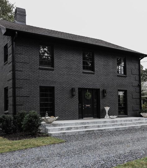 Dark Brick Homes Exterior, Black Brick House Exterior, Dark Home Exterior, Black Brick House, Black Houses, Home Exteriors, Brick Cladding, Victorian Farmhouse, Brick Exterior