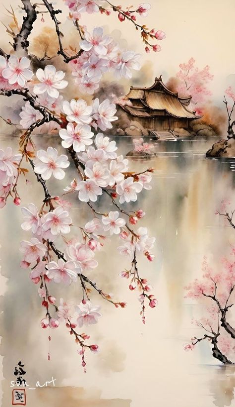 Japanese Cherry Blossom Trees, Watercolor Chinese Art, Japan Watercolor, Cherry Blossom Watercolor, Asian Flowers, Cherry Blossom Painting, Spring Watercolor, Japan Painting, Chinese Art Painting