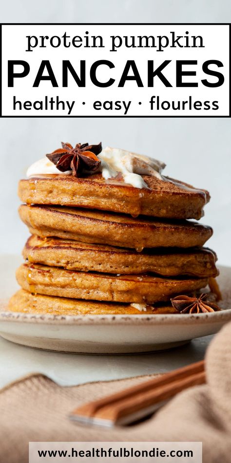 These ultra-fluffy oatmeal pumpkin protein pancakes are perfect for Fall and have over 12 grams of protein per serving. They’re made in a blender with healthy ingredients like pumpkin puree, oats, eggs, and Greek yogurt. An easy gluten-free breakfast! Healthy Pumpkin Oatmeal Pancakes, Healthy Pancakes Protein, Pumpkin Yogurt Pancakes, Pumpkin Egg Pancakes, Greek Yogurt Pumpkin Pancakes, Pumpkin Pancakes Protein, Blender Pumpkin Pancakes, Pumpkin Pancakes For One, Protein Pumpkin Pancakes Recipe