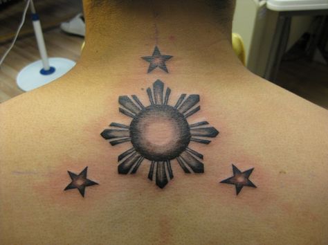 3 Stars and a Sun on back. 3 Stars Tattoo, 3 Stars And A Sun, A Sun Tattoo, The Sun Tattoo, Sun Tattoo Meaning, Filipino Sun, Star Tattoo Meaning, Sun Tattoo Designs, Half Sleeve Tattoos Drawings