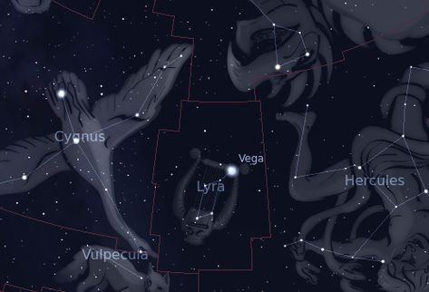 A guide to the constellation Lyra from In-The-Sky.org. Lyra Constellation, Summer Triangle, Globular Cluster, Planetary Nebula, Star Constellations, Midnight Sky, Galaxies Stars, Hercules, Greek Mythology