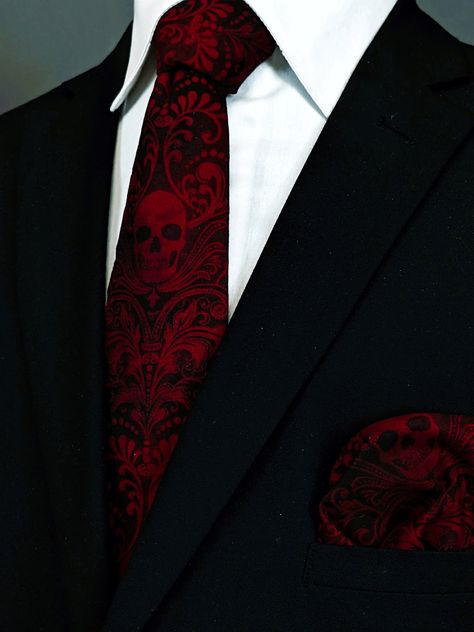 Dark Red Wedding, Dark Romantic Wedding, Skull Tie, Black And Red Suit, Gothic Wedding Theme, Vampire Wedding, Dark Wedding Theme, Red Wedding Theme, Halloween Themed Wedding