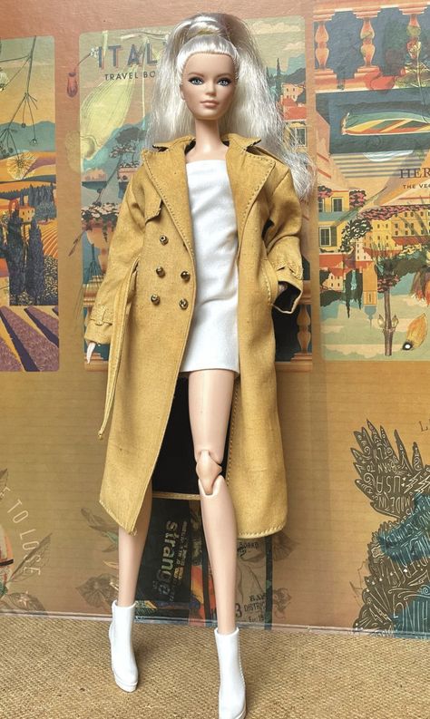 How to Make Barbie Doll Clothes and Accessories - AshleaCrafts Barbie Coat Pattern Free, Barbie Coat Pattern, Barbie Jacket Pattern, Barbie Doll Clothes Patterns Free, Trench Coat Pattern, Raincoat Pattern, Doll Reference, Cloak Pattern, Free Barbie