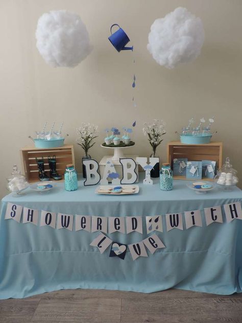 April Shower baby shower | CatchMyParty.com Rain Centerpieces, Rain Baby Showers, April Baby Shower, Sprinkle Shower, Sprinkle Baby Shower, Spring Baby Shower, Trendy Baby Shower Ideas, Baby Shower Brunch, Baby Shower Decorations For Boys