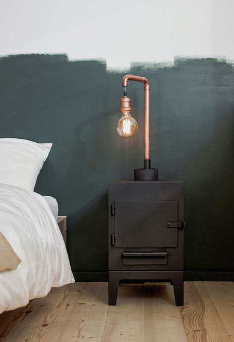 Gallery - Interior AK / INT2architecture - 10 Minimalist Bedside Table, Industrial Apartment, Dekorasi Kamar Tidur, Wooden Floor, Bedside Table Lamps, One Bedroom Apartment, Design Living, Green Wall, Apartment Design