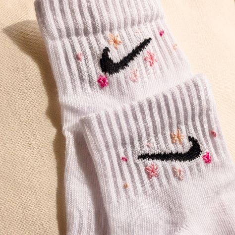 These embroidered cherry blossoms floating in the wind look gorg on a pair of Nike ankle socks, dropping on my Etsy✨ available to buy through Insta too x #nikeembroidery #nikefloral #nikesocks Nike Ankle Socks, Diy Embroidery Flowers, Nike Floral, Dyed Socks, Floral Nikes, Sock Designs, Nike Embroidery, Embroider Ideas, Fall Embroidery Designs