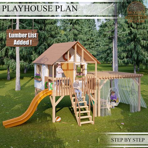 Wooden Garden House, Wooden Playhouse With Slide, Big Playhouses, Kids Playhouse Plans, Playhouse Plan, House For Kids, Playhouse With Slide, Play Area Backyard, Playhouse Plans