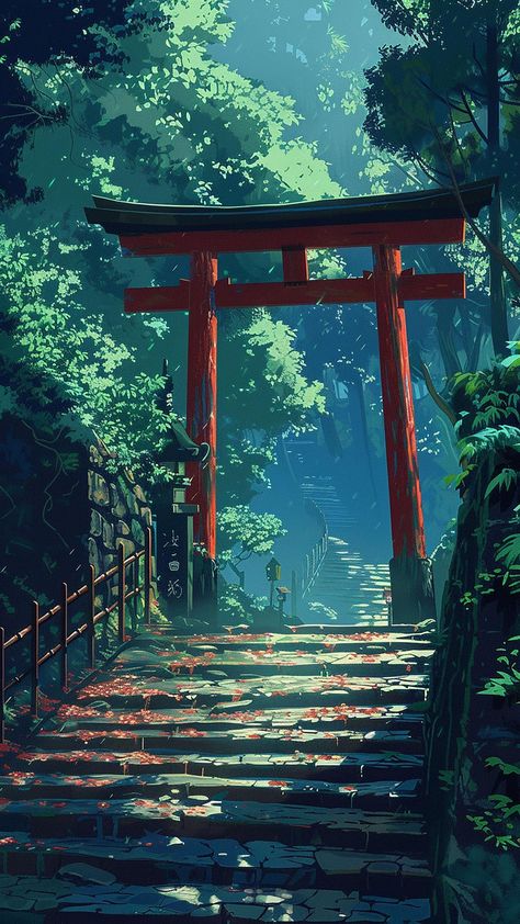 Japanese Art Phone Wallpaper, Iphone Simple Wallpaper Backgrounds, Japanese Scenery Photography, Pretty Anime Scenery, Japanese Ipad Wallpaper, Japanese City Wallpaper, Ghibli Art Aesthetic, Japanese Asthetic Wallpers, Japan Aesthetic Green