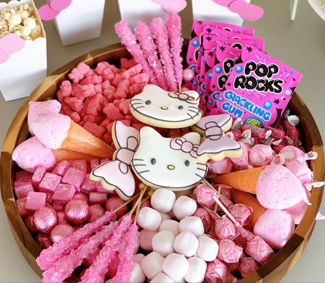 #charcuterie #candyboard #hellokittyparty #hellokittyfood #candybar #candy Hello Kitty Sweet Table, Hello Kitty Snack Table, Hello Kitty Food Ideas Diy, Hello Kitty Spa Party Birthday, Sanrio Sweet 16, Game Ideas For 1st Birthday Party, Hello Kitty Birthday Party Food, Hello Kitty Sleepover Party, Kuromi Party Favors