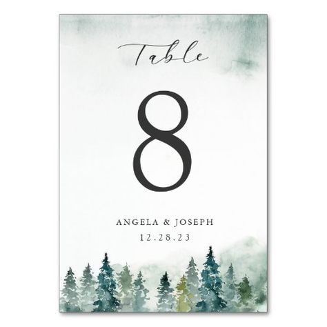 Winter Forest Pine Trees | Personalized Wedding International Day of Peace - table number, wedding, watercolor, winter, forest, pine tress, mountain, peaceful, chic, elegant Table Numbers Green, Personalized Table Numbers Wedding, Winter Wedding Stationery, Pine Wedding, Wedding Table Number Holders, Trees Wedding, Bridal Shower Advice, Day Of Peace, Table Number Card