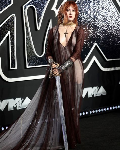 Chappell Roan Brought a Sword to the VMAs Red Carpet Vmas Red Carpet, Carmen Sandiego, Sheer Gown, Chappell Roan, Mtv Videos, Orlando Bloom, Video Music Awards, Mtv Video Music Award, Bob Mackie