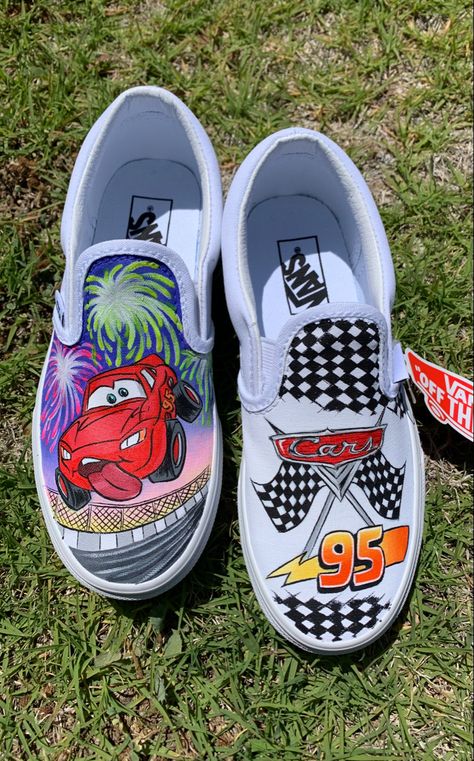 Cars lighting mcqueen custom hand painted vans pixar Disney Cars Custom Shoes, Lightning Mcqueen Shoes, Lightning Mcqueen Nails, Custom Painted Shoes Vans, Painted Vans Slip On, Vans For Kids, Custom Vans Slip On, Gravity Fall, Disney Bound Outfits Casual