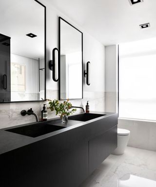 White And Black Marble Bathroom, White And Black Bathroom, Black Marble Bathroom, Great Bathrooms, Interior Design Advice, Upstairs Bathrooms, Chrome Hardware, Hotel Style, Marble Bathroom