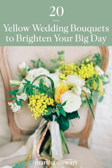 Add yellow flowers to your wedding bouquet as the bright hue is often associated with sunshine, warmth, and joy—positive sentiments that are all worth celebrating. We gathered some of the best yellow flower bouquets using roses, tulips, peonies, and other flowers used in real-life weddings that will inspire you for your wedding ceremony. #weddingideas #wedding #marthstewartwedding #weddingplanning #weddingchecklist Bridal Bouquets White, Yellow Wedding Bouquets, Bright Yellow Wedding, Orange Wedding Bouquet, Yellow Wedding Bouquet, Colorful Wedding Bouquet, Peony Bouquet Wedding, Yellow Wedding Flowers, Yellow Bouquets