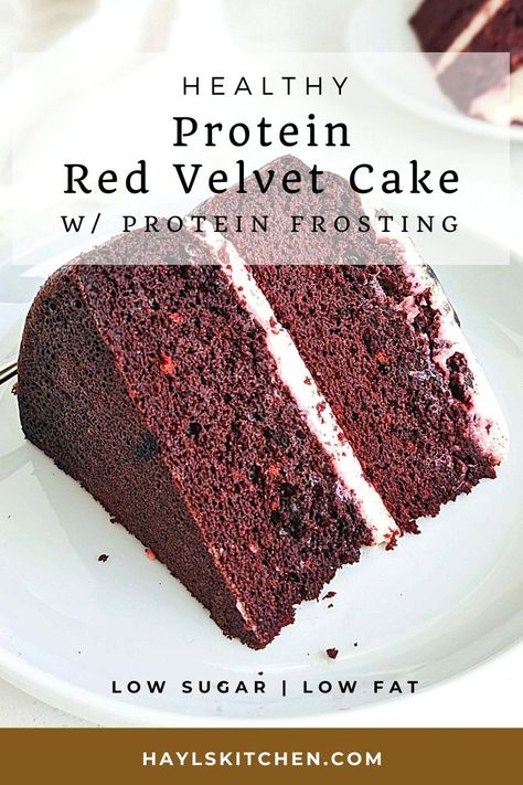 Amazing Protein Red Velvet Cake topped with a Greek yogurt and cream cheese frosting – truly the only one you will want. A high protein healthy red velvet cake sweetened with chocolate protein powder, and barely any fat – the ideal protein dessert! Cake With Protein Powder, Protein Powder Cake Recipe, Healthy Red Velvet Cake, Protein Powder Cake, Healthy Red Velvet, Hot Chocolate Protein, Cake Cream Cheese Frosting, Sweet Easy Recipes, Healthy Cream Cheese