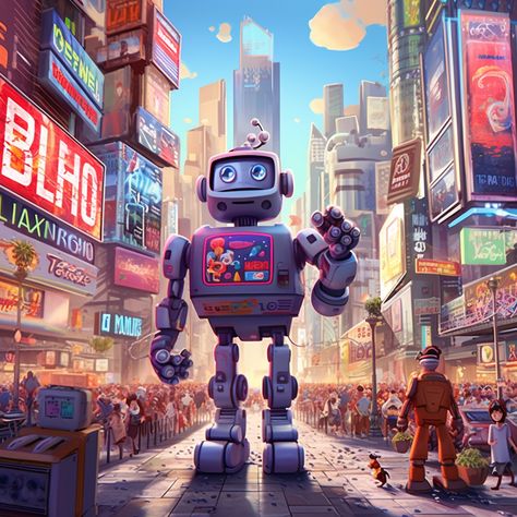 A cartoon robot character, bright and friendly, standing in the middle of a bustling city square, with various signs and screens displaying different job sectors being impacted by AI. The scene is dynamic and colorful, showcasing the hustle and bustle of modern life, with the robot symbolizing AI's influence. Robot City, City Square, Bustling City, The Robot, Modern Life, A Cartoon, City Art, The Future, Square