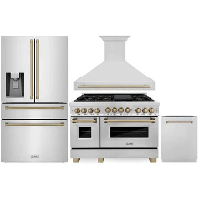 ZLINE Autograph Edition 4-Piece Appliance Package - 48" Dual Fuel Range, 36" Refrigerator with Water Dispenser, Wall Mounted Range Hood, & 24" Tall Tub Dishwasher in Stainless Steel with Champagne Bronze Trim (4AKPR-RARHDWM48-CB) Home Outlet Direct presents the ultimate expression of luxury, ZLINE's Autograph Editi Zline Fridge, Zline Appliances, 48" Range, Zline Autograph Edition, Tahoe Nevada, Large Fridge, Microwave Drawer, Kitchen Appliance Packages, Single Wall Oven