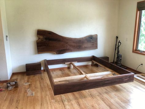 Custom Black Walnut Floating Bedframe With a Live Edge Headboard and Floating Nightstands - Etsy Floating Bedframe, Build Bed Frame, Log Bedroom Furniture, Live Edge Headboard, Live Edge Bed, Bathroom Inspo Interior Design, Headboard Inspiration, Floating Nightstands, Custom Order Form