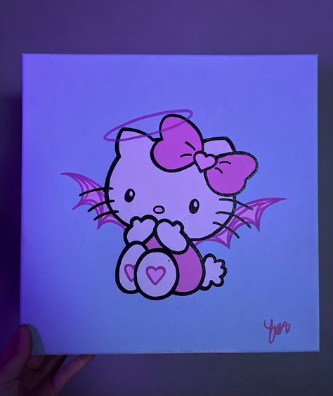 Hello Kitty Paintings Aesthetic, Drawings On Canvas Aesthetic, Painting Of Hello Kitty, Painting Ideas Edgy Easy, Yk2 Painting Ideas, Hello Kitty Painting Y2k, Cute Paintings Hello Kitty, Hello Kitty Art Ideas, Hello Kitty Watercolor Painting