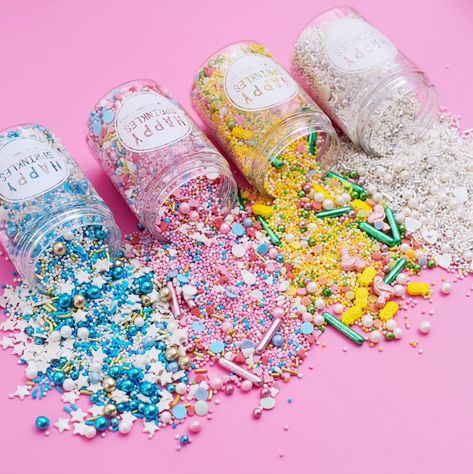 NEW Happy Sprinkles✨  100% edible, EU standard sprinkles are now available! With over 20 blends available and more coming soon, Happy Sprinkles are the next best thing to hit the UK.  Happy Sprinkles come in super cute re-usable pots of 90g that are good enough to keep on display. Buy three pots for just £18.  Sprinkle names from L-R: Cloud 7, Dancing Queen, Tropical Miami, Happy Ever After Sprinkles Aesthetic, Architecture Cake, Man Vs Food, Bright Nail Designs, Fancy Sprinkles, Sugar Cookie Icing, Dessert Photography, Candy Sprinkles, Wedding Treats