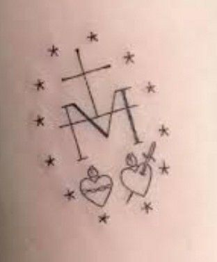 Small Mary Tattoo, Miraculous Medal Tattoo, Catholic Tattoos For Women, Small Catholic Tattoos, Madonna Tattoo, Family Heart Tattoos, Catholic Tattoos, Hail Holy Queen, Monogram Tattoo