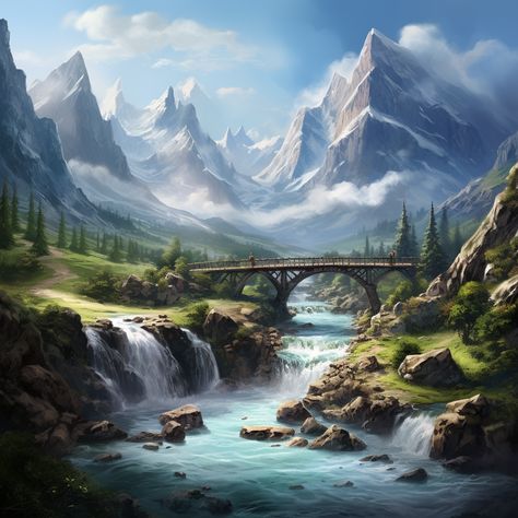 Fantasy HD2D style river with bridge mountains in the brackground River City Fantasy Art, Fantasy Mountain Town, Fantasy Valley Landscape, Fantasy River City, Mountain City Fantasy Art, Bridge Fantasy Art, Mountain Village Fantasy Art, River Fantasy Art, Fantasy Mountain City