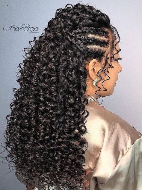 Curly Hair Braids Wedding, Curly Hair With Braids On The Side, Braided Side Hairstyles, Natural Curly Hairstyles For Prom, Braids For Curly Hair, Curly Prom Hair, Thick Natural Hair, Hair Styles Braids, Wedding Hair Side