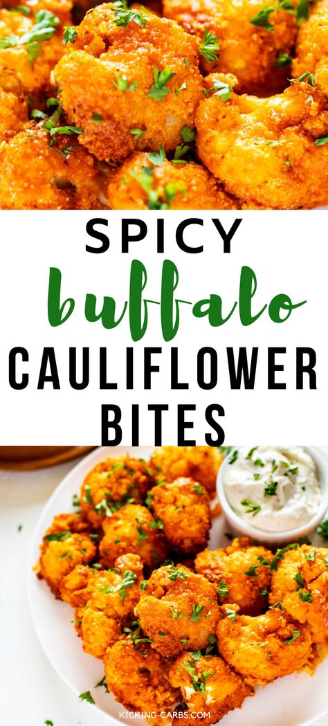 Looking for a fabulous vegetarian wing alternative? You are going to love these Spicy Buffalo Cauliflower Bites. They are easy to make and a fabulous healthy option. #kickingcarbs #buffalocauliflower #cauliflowerbites #vegetarianwings #keto #vegetarian #ketovegetarianrecipes Keto Cauliflower Wings, E2m Recipes, Vegetarian Wings, Veggie Keto, Crispy Cauliflower, Spicy Cauliflower, Buffalo Cauliflower Bites, Cauliflower Wings, Cauliflower Bites