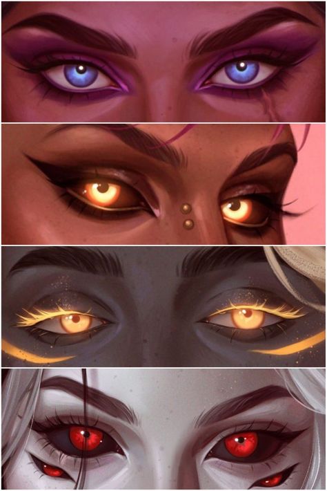 Lighting Effect Drawing, Demon Skin Color, 4 Eyed Character Design, Eye Coloring Reference, How To Draw Demon Eyes, Different Eye Types Drawing, Villain Eyes Drawing, Phoenix Eyes Shape, Oc Eyes Drawing