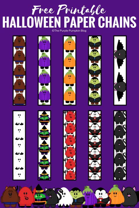 Cute Halloween Paper Chains - a super easy decoration to make for a Halloween party! Lots of fun for the kids to make too - just print and cut before looping and linking together to form lots of long paper chains! Halloween Paper Chain, Cute Halloween Characters, Disney Vacation Countdown, Vacation Countdown, Halloween Paper Crafts, Paper Chain, Pumpkin Template, Printable Star, Purple Pumpkin