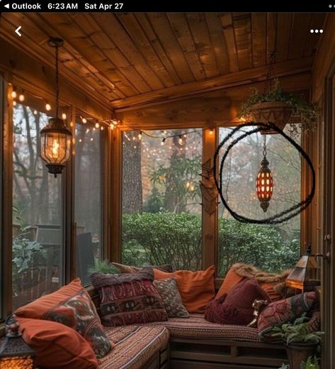 Daybed Screened In Porch, Enclosed Porch Ideas Small Cozy, Screened In Porch Inspiration, Screened In Porch Lighting Ideas, Witchy Sunroom, Small Screened In Porch Decorating Ideas Cozy, Whimsical Sunroom, Sunroom Lighting, Small Screened In Porch