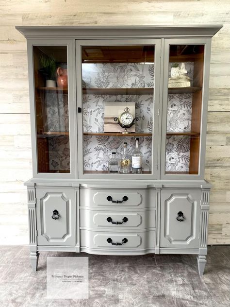 Perfect Gray Hutch | General Finishes Design Center Refurbished China Hutch Ideas, Boho Hutch, Dresser Remakes, Gray China Cabinet, Painted China Cabinet Ideas, Painted Hutch Ideas, Refinished China Cabinet, Grey China Cabinet, China Hutch Makeover