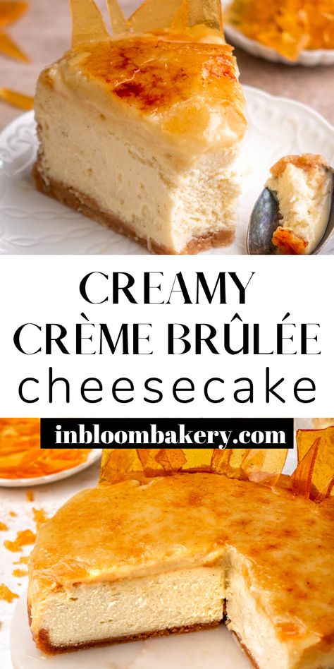 This is the best crème brûlée cheesecake! It's a creamy vanilla bean white chocolate cheesecake over a Nilla Wafer crust topped with rich and creamy vanilla pastry cream with caramelized brûléed sugar. It's a truly decadent cheesecake that is sure to become one of your favorite desserts! Cream Brûlée Cheesecake, Creme Brûlée Cheesecake, Vanilla Bean Brown Butter Cheesecake, Cheesecake Creme Brulee, Cream Brulee Cheesecake, Gourmet Food Recipes, Roll Desserts, Amazing Cheesecake, Creme Brulee Cheesecake Bars