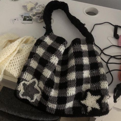 Black, grey and white gingham star crochet bag! - Depop Grey Yarn Crochet Ideas, Black And White Crochet Bag, Grey Crochet Projects, Star Crochet Bag, Gingham Crochet, Black Crochet Bag, Black And White Crochet, Gray Crochet, Star Crochet