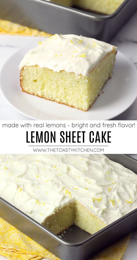 Lemon sheet cake recipe - by The Toasty Kitchen. Lemon sheet cake is a bright and fresh citrusy cake that is perfect for spring and summer celebrations. Tender lemon cake is made with fresh lemon zest and juice, topped with a silky cream cheese frosting. #lemonsheetcake #lemoncake #9x13cake #13x18cake #halfsheetcake #layercake #lemonlayercake #lemon #freshlemon #eastercake #summercake #memorialdaycake #fourthofjulycake #summercakerecipe #homemade #recipe Lemon Zest Cake Recipe, Iced Lemon Cake, Lemon Cake Frosting Recipe, Lemon Cake With Frosting, Homemade Lemon Cake From Scratch, Summer Lemon Cake, Lemon Zest Cake, Lemon Cake With Cream Cheese Frosting, 9 X 13 Cake Recipes