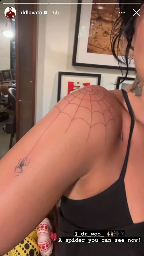 Spiderweb Shoulder Tattoo, Demi Lovato Tattoos, Arm Sleeve Tattoos For Women, Spider Web Tattoo, Web Tattoo, Back Of Shoulder Tattoo, Spider Tattoo, Deeper Meaning, Shoulder Tattoos For Women