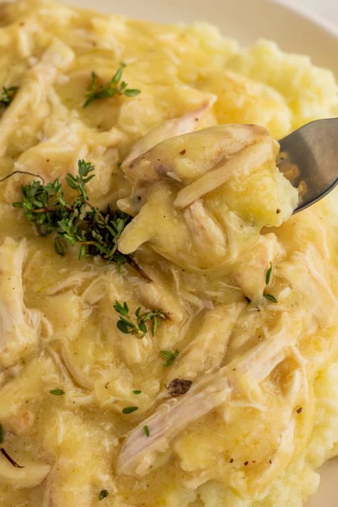 Chicken and Gravy over Mashed Potatoes Cream Of Chicken Over Mashed Potatoes, Mashed Potatoes With Gravy, Chicken And Mashed Potatoes, Instant Pot Beef Stew Recipe, Making Turkey Gravy, Gravy For Mashed Potatoes, Garlic Mashed Cauliflower, Easy Comfort Food Dinners, Chicken And Gravy