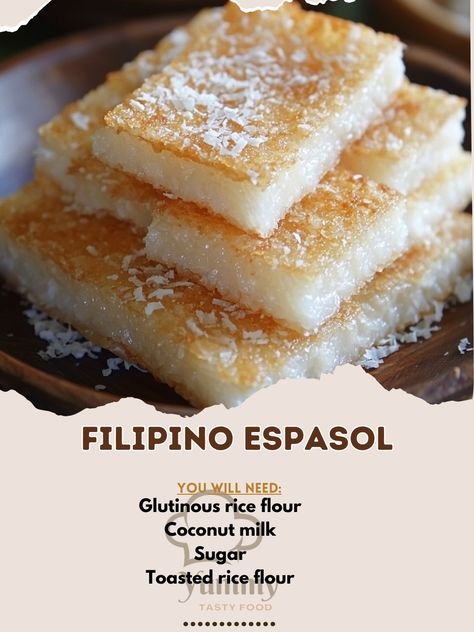 🌸 Satisfy your sweet cravings with Filipino Espasol—a chewy rice cake treat that’s perfect for any occasion! 🍚✨ #Espasol #FilipinoDesserts Filipino Espasol Ingredients: Glutinous rice flour (2 cups) Coconut milk (2 cups) Sugar (1 cup) Toasted rice flour (1/2 cup, for coating) Instructions: In a pan, toast the glutinous rice flour over low heat until light brown. Set aside. In another pan, combine coconut milk and sugar. Cook over medium heat until the sugar dissolves. Gradually add the to... Glutinous Rice Flour Recipes Sweets, Glutinous Rice Flour Recipes, Rice Flour Recipes, Toasted Rice, Asian Recipe, Milk And Sugar, Glutinous Rice Flour, Filipino Desserts, Sweet Cravings