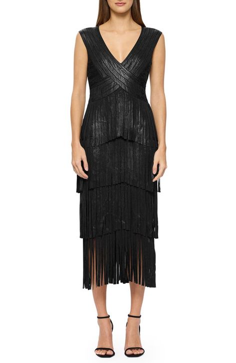 Herve Leger Pleated Tiered Metallic Foil Cocktail Midi Dress | Nordstromrack Fringe Midi Dress, Cocktail Midi Dress, Midi Dress Style, Style Finder, Midi Cocktail Dress, Herve Leger, Metallic Foil, Tiered Skirt, Bandage Dress