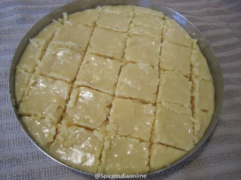 7 CUP BURFI RECIPE- 7 cup Sweet - Seven cup Barfi recipe — Spiceindiaonline South Indian Sweets, Mysore Pak, Barfi Recipe, Coconut Burfi, Guyanese Recipes, Burfi Recipe, Diwali Sweets, Diwali Food, Indian Dessert