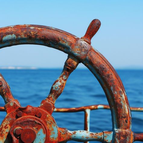 Rusty Ship's Wheel: Close-up of a rustic, weathered ship's steering wheel set against the serene blue ocean backdrop. #ship #ocean #wheel #rust #steering #aiart #aiphoto #stockcake ⬇️ Download and 📝 Prompt 👉 https://stockcake.com/i/rusty-ships-wheel_252525_49295 Ship Steering Wheel, Ocean Backdrop, Boat Wheel, Ships Wheel, Ship Wheel, Digital Technology, Blue Ocean, Steering Wheel, Boats