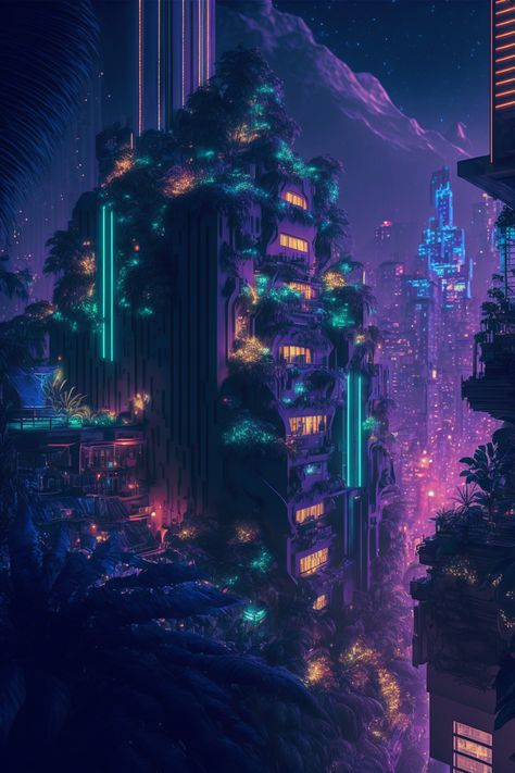 Lunar Punk Aesthetic, Lunarpunk City, Alien Planet Aesthetic, Cyberpunk Planet, Cyberpunk Forest, Futuristic City Aesthetic, Futuristic Jungle, Lunar Punk, Concept Vehicles Sci Fi