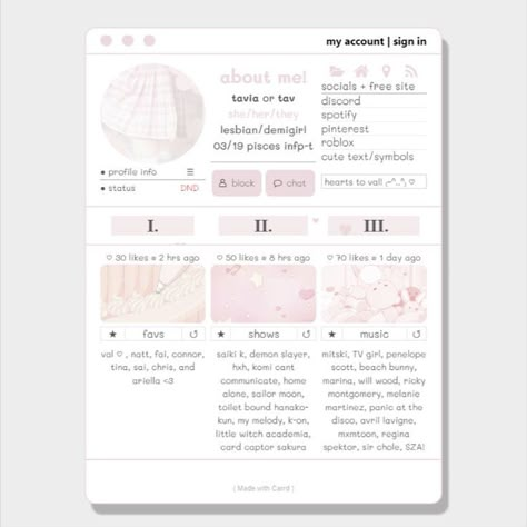 website: carrd.co ♡ ꒰ made by me ; creds to 
maizecrds on yt ꒱ ∩⑅∩ Discord Card Ideas, Carrd Inspo Template Commission, Carrd Co Templates Free, Carrd Inspo Aesthetic, Vtuber Debut Template, Carrd Co Templates Free Link, Cute Carrd.co Ideas, Carrd Templates Free, Carrd Co Templates
