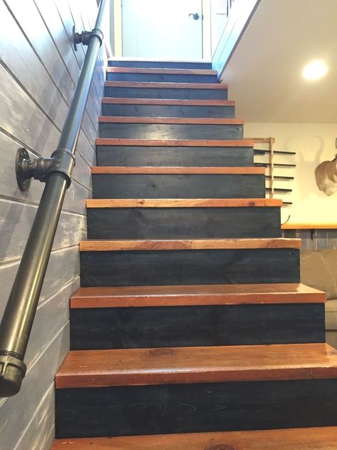 #basement #basementrenovation #diy Farmhouse Basement Stairs, Stained Basement Stairs, Basement Railing Ideas, Basement Stairs Makeover, Stair Banister Ideas, Rustic Tin Ceilings, Basement Stair Railing Ideas, Industrial Basement, Basement Stairs Ideas