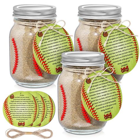 PRICES MAY VARY. Softball Team Gifts: softball regular mouth mason jar set includes 3 pcs 16 oz softball mason jar mug, 3 pcs wooden signs and a roll of twine; The mason jars measure about 5.51 x 2.99 inches/ 14 x 7.6 cm and hold about 16 oz; Good for your drinks and the wooden signs measure about 3.15 x 3.15 inches/ 8 x 8 cm, these jars are the nice size for a wide range of uses, all you need to do is add dirt from the home base and you're ready to make them tall; The good gift for softball pla Softball Picture Frames Diy, Softball Gifts For Seniors, Softball Treats For Team, Softball Senior Night Gifts, Softball Coach Gift Ideas, Gifts For Softball Players, Senior Night Softball, Softball Senior Night, Softball Art